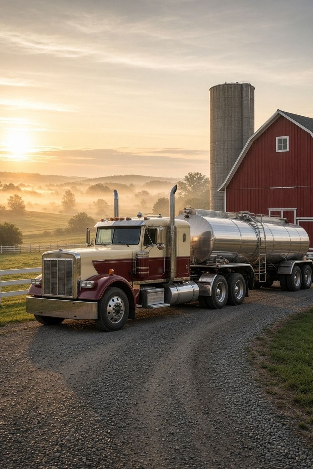Classic cream and maroon semi truck with a stainless milk tanker parked by a red barn and silo on a misty Ohio dairy farm at sunrise