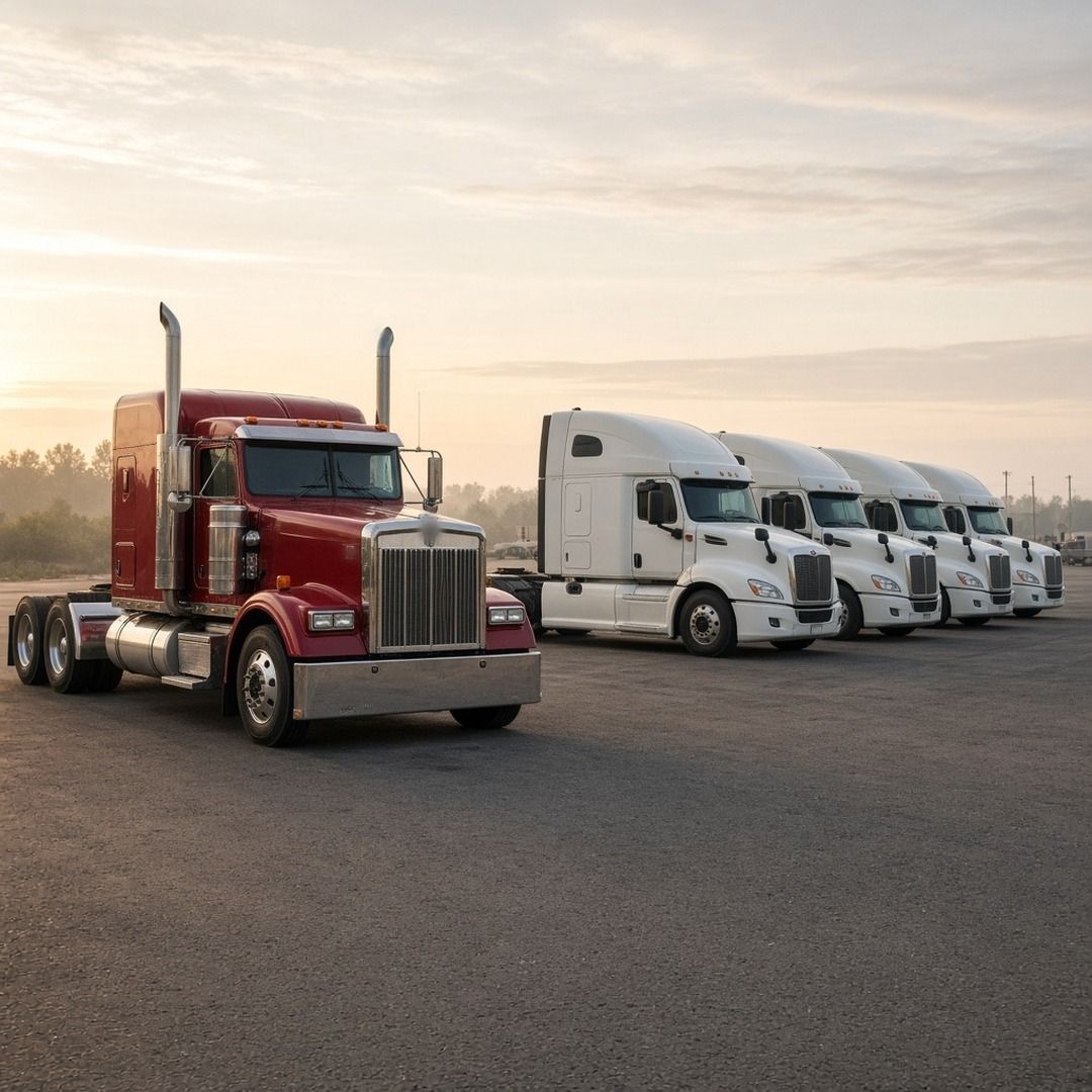 A single dark red semi truck parked apart from a row of matching white fleet tractors at a truck yard in morning light