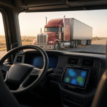 Inside a semi truck cab, a small electronic logging device screen mounted on the dashboard with the open highway ahead