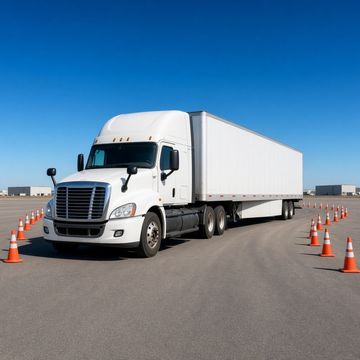 A white semi truck and trailer backing between orange cones in a wide paved training yard on a clear day