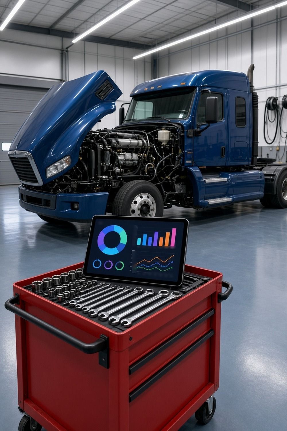 Blue semi truck with its hood tilted open in a clean maintenance shop, a tablet showing simple charts on a red tool cart in front