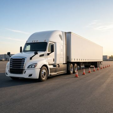 A white semi truck and trailer parked at a quiet CDL testing yard on a clear morning