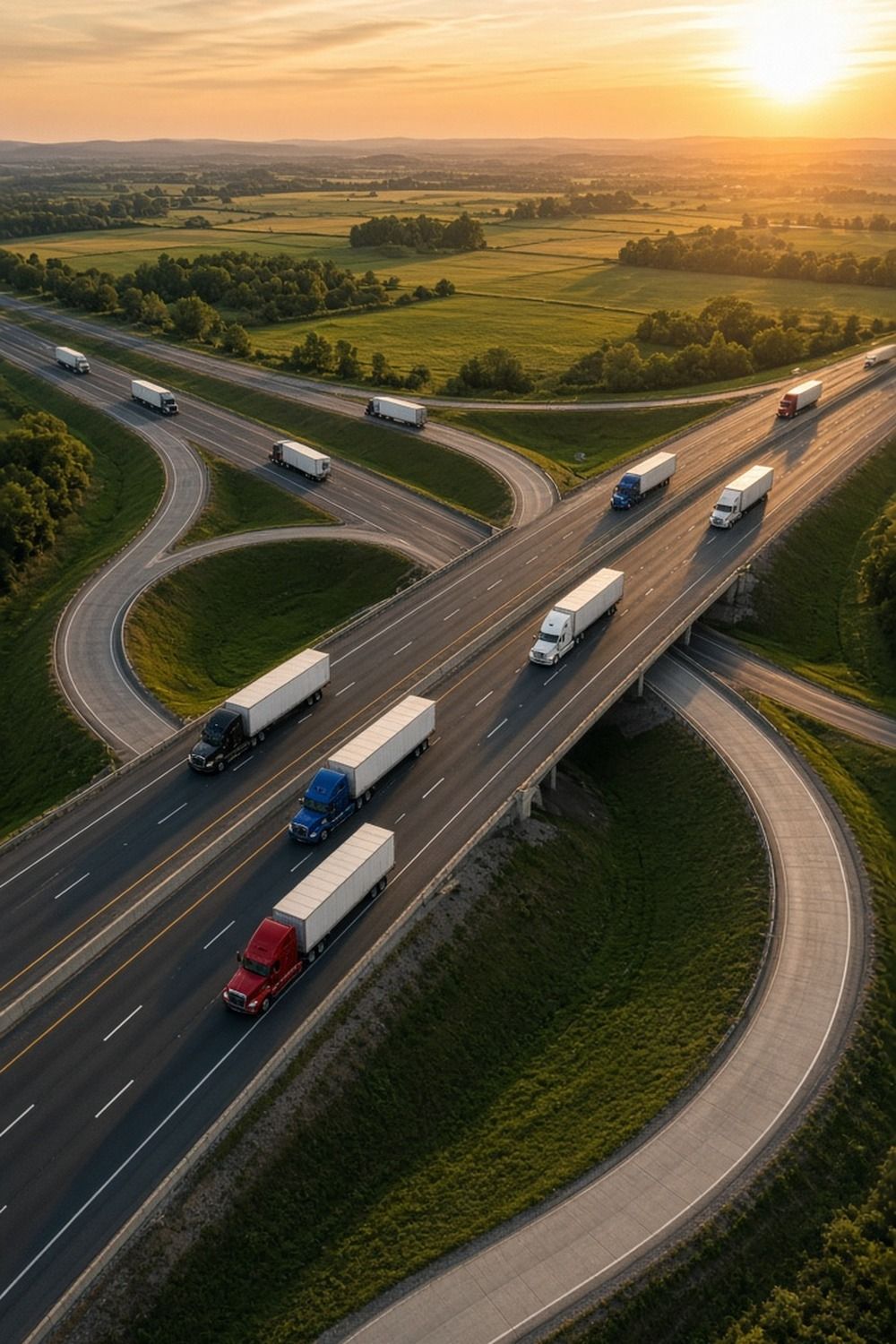 Aerial view of semi trucks hauling trailers across a highway interchange through green farmland at sunset