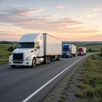 Several semi trucks traveling a wide interstate highway through open farm country at sunrise