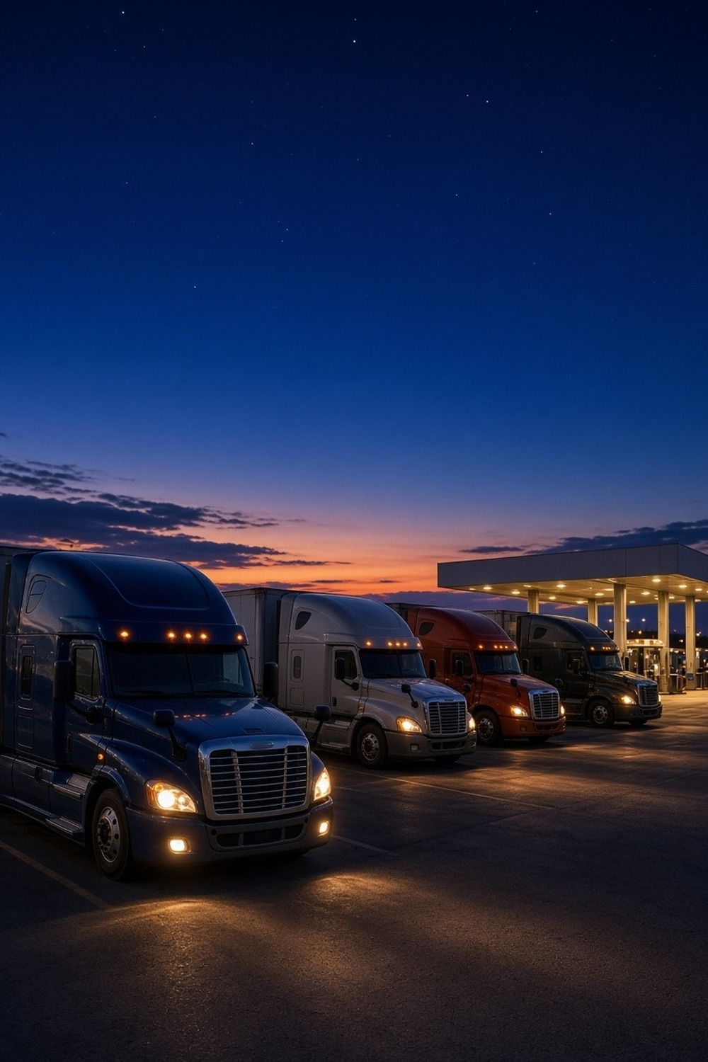 Semi trucks parked in a row at a truck stop with a lit fuel canopy behind them at dusk