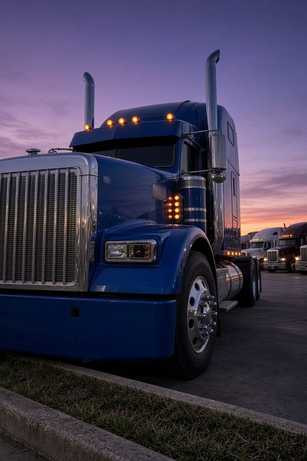 Semi trucks parked in a long row at a rest area with running lights glowing at twilight