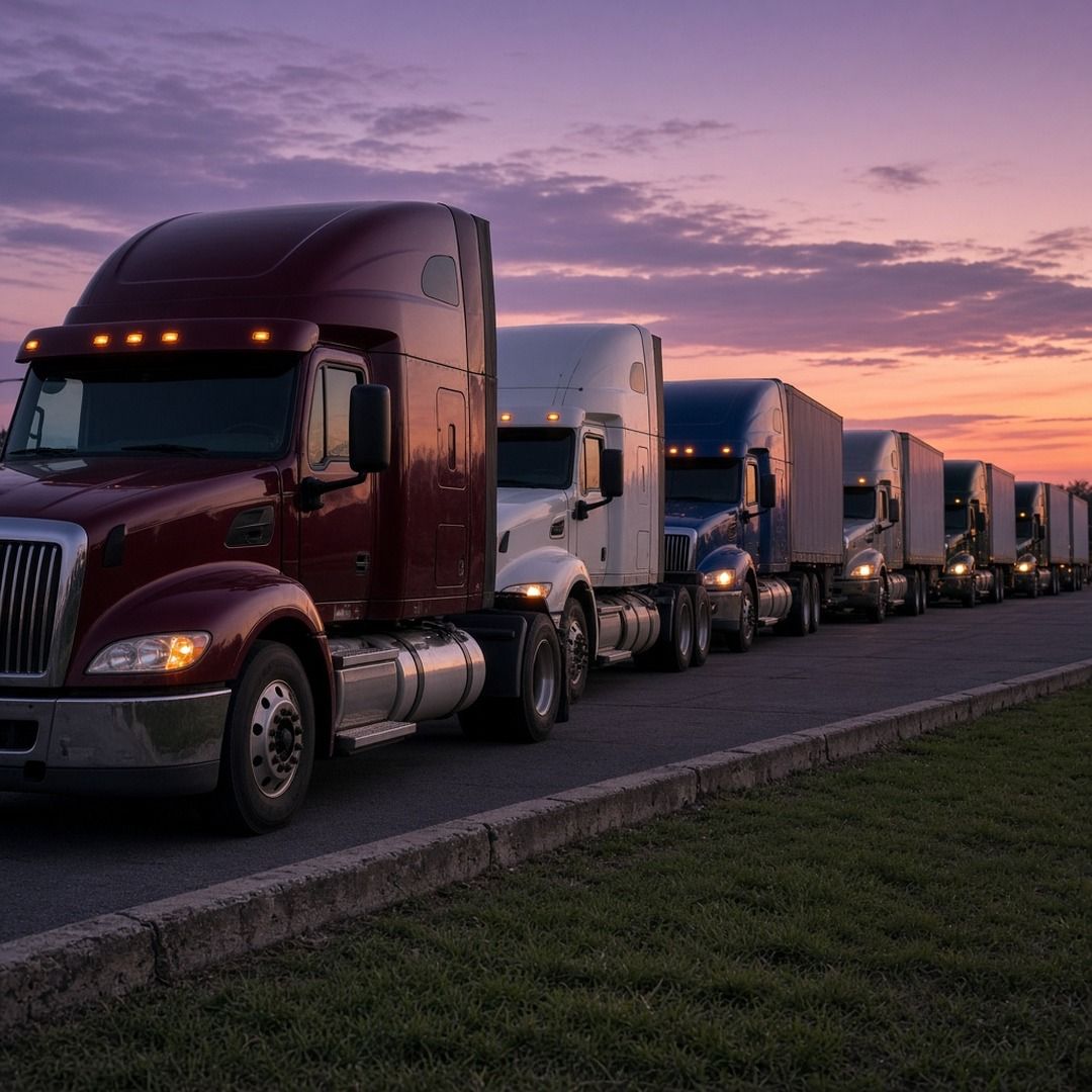 Rows of semi trucks parked side by side at a highway rest area at twilight