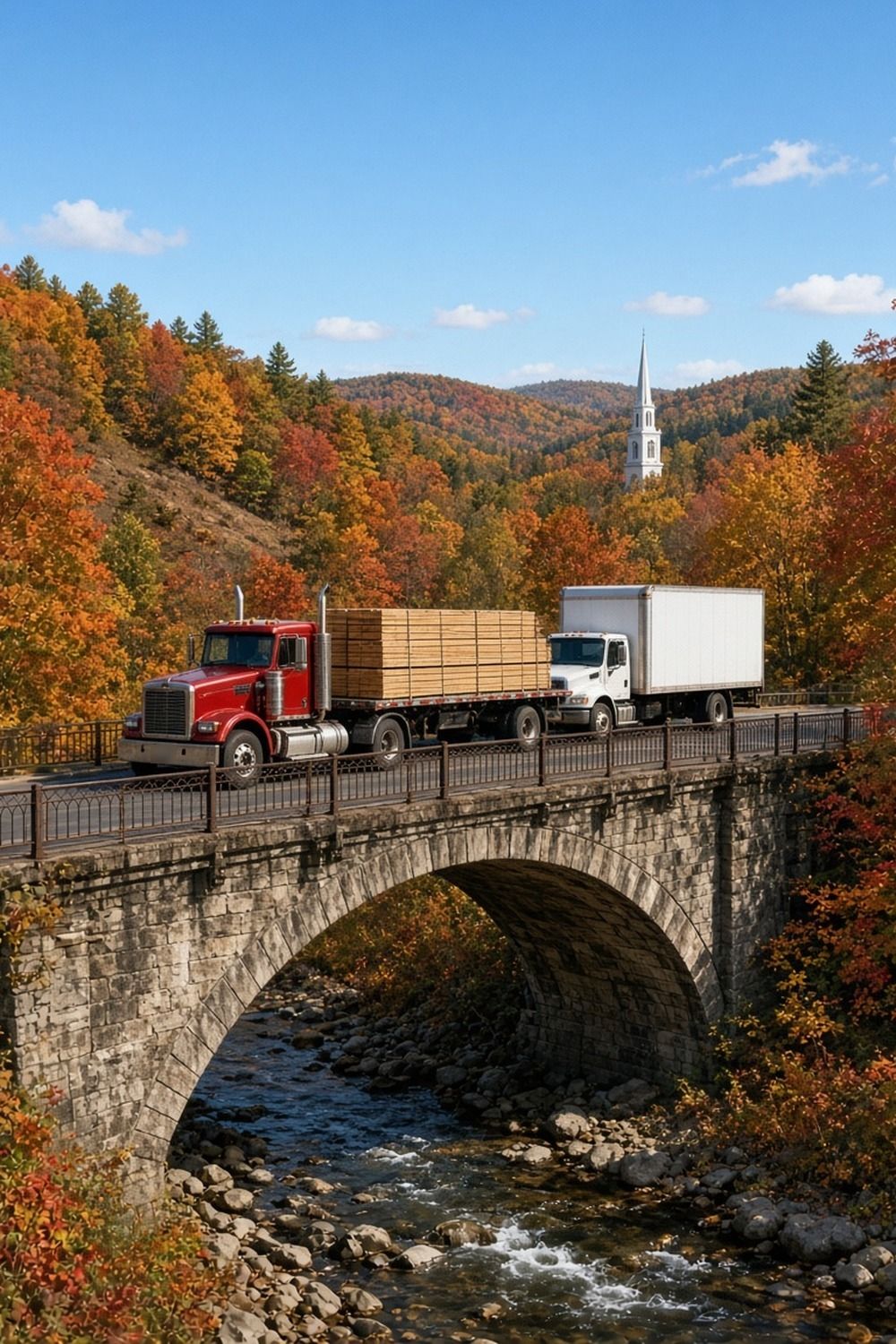 Red semi truck hauling lumber and a white box truck crossing an old stone arch bridge over a creek, fall foliage and a church steeple behind